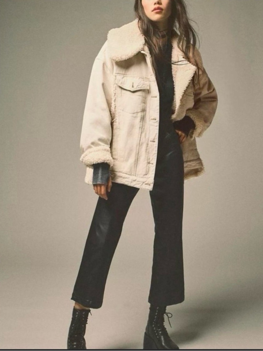 Free People Cream Sherpa denim jacket -L